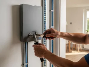 Technicus installeert een thuisbatterij aan de muur in een Nederlandse woonruimte, met netjes georganiseerde bedrading op de voorgrond.