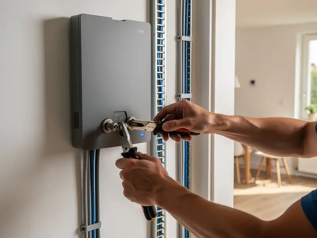Technicus installeert een thuisbatterij aan de muur in een Nederlandse woonruimte, met netjes georganiseerde bedrading op de voorgrond.