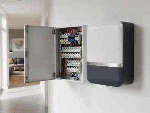 Open Nederlandse meterkast met thuisbatterij ernaast, koperen bedrading en installatieautomaten zichtbaar, witte hal op de achtergrond.