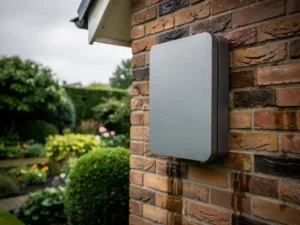 Thuisbatterij gemonteerd op bakstenen buitenmuur van Nederlandse woning, regendruppels op mat grijs oppervlak, weelderige tuin op achtergrond.