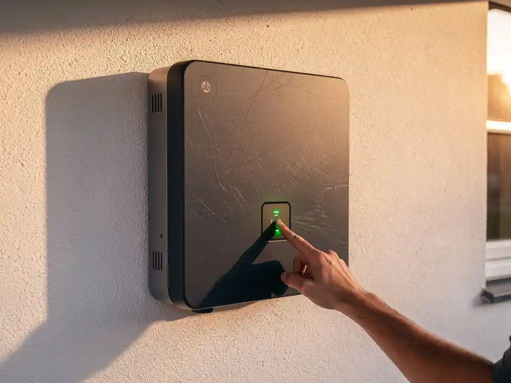 Technicus activeert thuisbatterij op garagemuur, groen indicatielampje zichtbaar, warm middaglicht door zijraam.