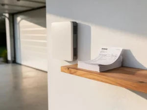 Thuisbatterij gemonteerd op witte garagemuur naast Nederlandse woning, met BTW-factuur op houten plank in warm middaglicht.
