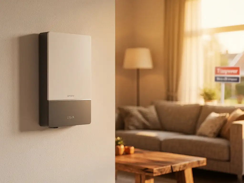 Thuisbatterij op muur in moderne Nederlandse woonkamer, met te-koopbord zichtbaar door zonnig raam op de achtergrond.