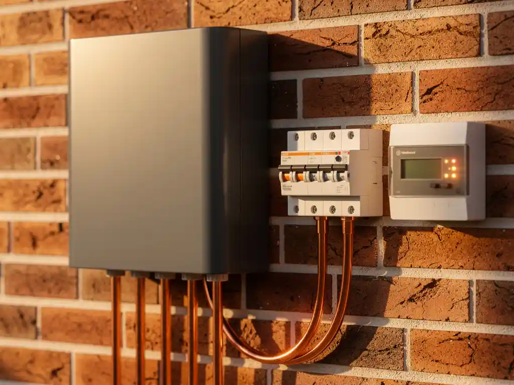 Thuisbatterij gemonteerd op Nederlandse bakstenen muur, verbonden via koperen kabels met meterkast en digitale energiemeter.
