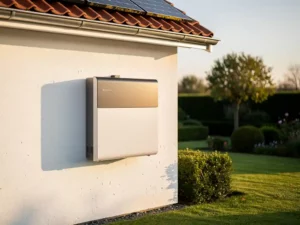 Thuisbatterij gemonteerd op witte gevel van Nederlandse woning naast zonnepanelen, met terracotta dakpannen en verzorgde tuin op de achtergrond.