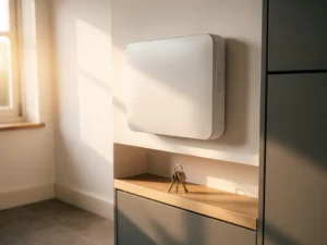 Witte thuisbatterij aan muur van moderne Nederlandse woning, met huissleutels op plankje en warm middaglicht.