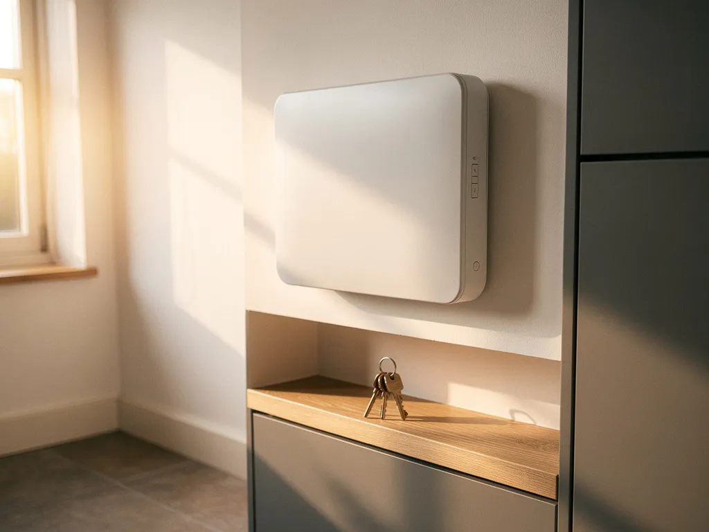Witte thuisbatterij aan muur van moderne Nederlandse woning, met huissleutels op plankje en warm middaglicht.