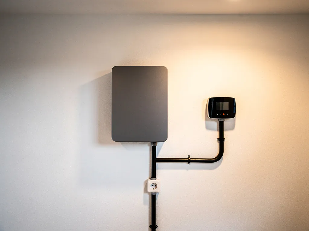 Wandgemonteerde thuisbatterij aangesloten op stroomnet in moderne Nederlandse meterkast, met slimme energiemeter en warme binnenverlichting.