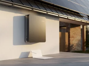 Thuisbatterij gemonteerd op Nederlandse gevel naast zonnepanelen, met subsidieaanvraag aan de voet, in warm middagzonlicht.