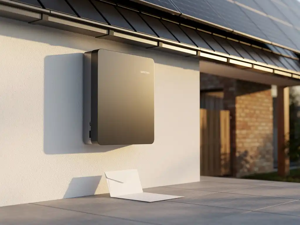 Thuisbatterij gemonteerd op Nederlandse gevel naast zonnepanelen, met subsidieaanvraag aan de voet, in warm middagzonlicht.