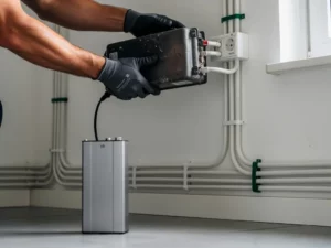 Technicus vervangt versleten thuisbatterij aan wandbeugel, nieuwe accu staat klaar op de vloer in moderne Nederlandse woning.