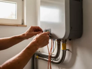 Technicus sluit thuisbatterij aan op zonne-omvormer in Nederlandse meterkast, koperen bedrading en leidingen zichtbaar.
