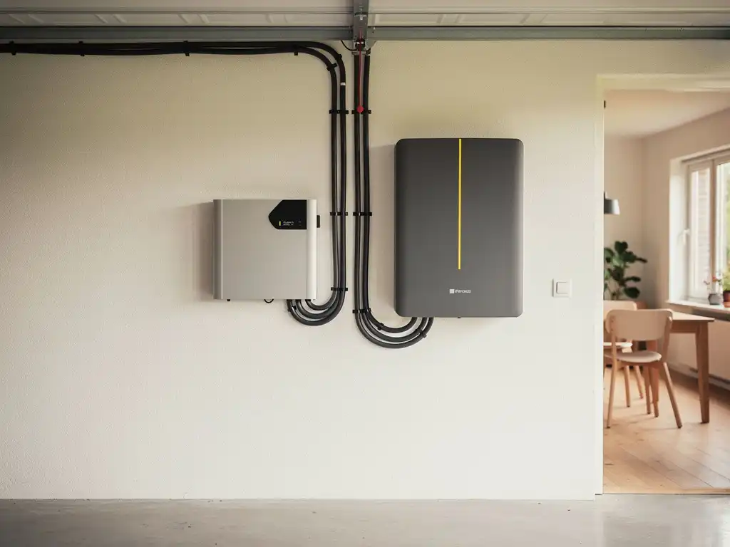 Thuisbatterij en grote wandgemonteerde accu in een Nederlandse garage, verbonden met zonnepanelenkabels, in leisteengrijs en zonnegeel.