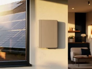 Thuisbatterij gemonteerd op garagemuur, met zonnepanelen zichtbaar door raam in Nederlands woonhuis tijdens gouden uur.