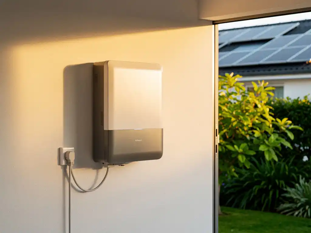 Thuisbatterij gemonteerd op garagemuur, verlicht door zonlicht van zonnepanelen op het dak, met groene tuin op de achtergrond.