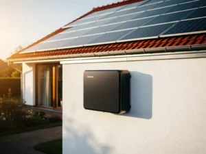 Zwarte thuisbatterij gemonteerd op buitenmuur van Nederlandse woning met zonnepanelen op het dak op de achtergrond.