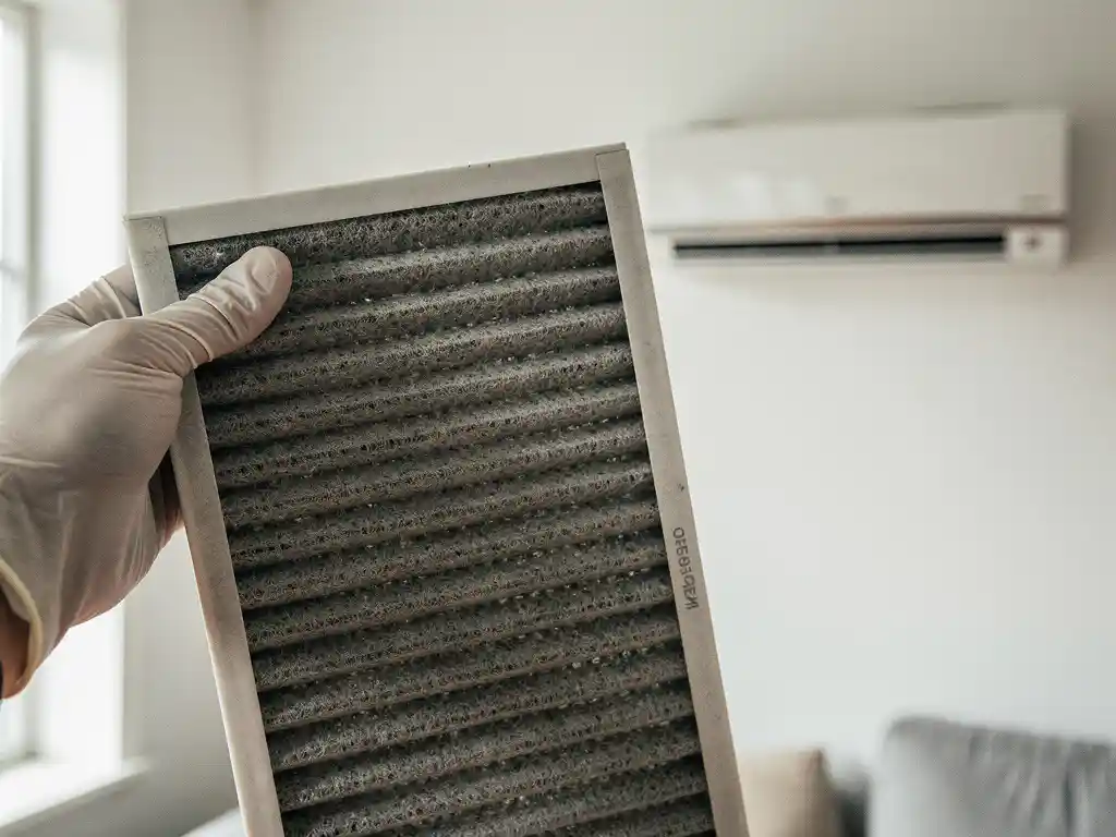 Technicus houdt vervuild aircofilter vast met grijze stoflaag, wand-airco van LG op de achtergrond in Nederlandse woning.