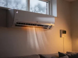 LG-airco aan de muur verwarmt een Nederlandse woonkamer, met rijp op het raam en een gasmeter op de achtergrond.