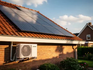Zonnepanelen op een zonnig Nederlands dak met terracotta dakpannen en een witte airco-unit aan de bakstenen buitenmuur.