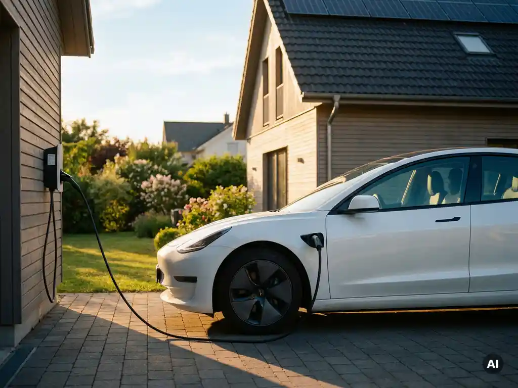 Witte elektrische auto die oplaadt op een zonne-energie thuis, met zonnepanelen op het dak en een wandlaadpaal in gouden avondlicht.