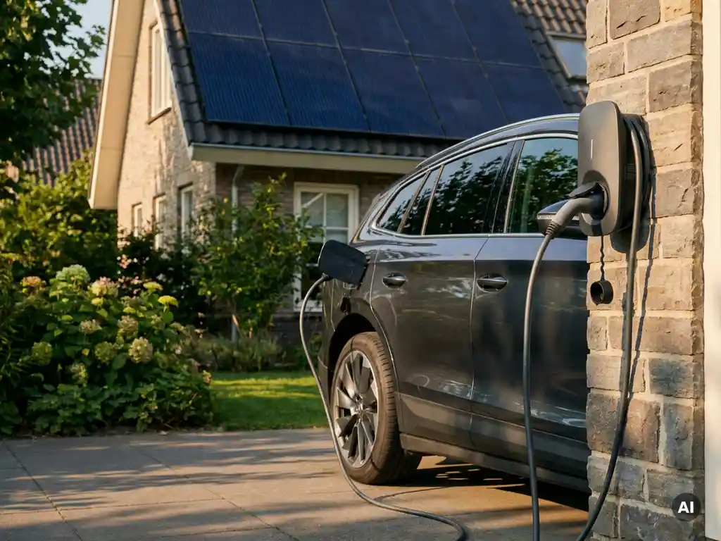 Elektrische auto die oplaadt op zonnestroom in Nederlandse oprit, zonnepanelen op dak, wandlader en laadkabel zichtbaar in middagzon.