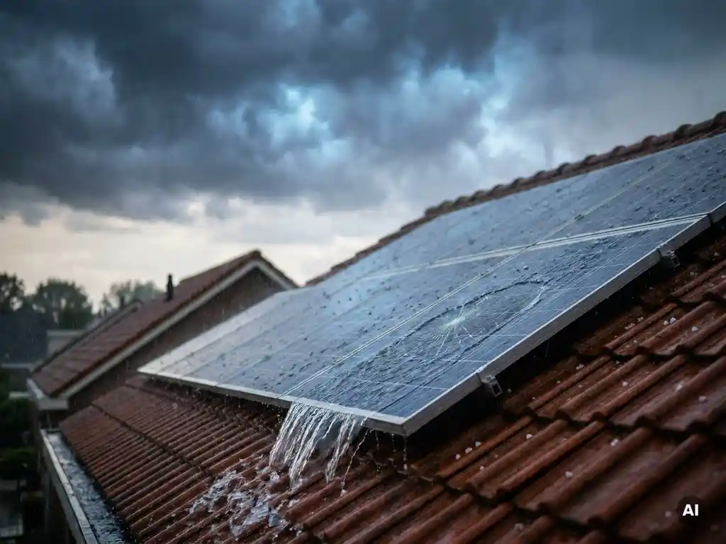 Hagelstorm beschadigt zonnepaneel op Nederlands woonhuis, zichtbare scheur in paneel met regenwater, donkere onweerswolken boven terracotta dakpannen.
