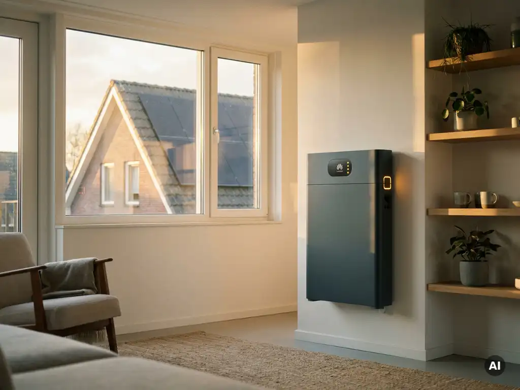 Huawei thuisbatterij aan muur van Nederlandse woning, zonnepanelen zichtbaar door zonnig raam op de achtergrond.