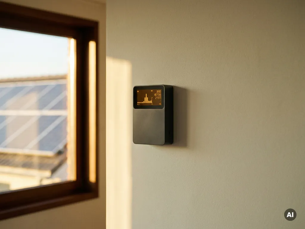 Slimme energiemeter op crèmekleurige muurwand met zonnepanelen zichtbaar door zonnig raam op de achtergrond.