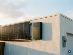Zwarte thuisbatterij op zonnige garagemuur naast zonnepanelen, met elektriciteitmeter en warme middagbelichting.