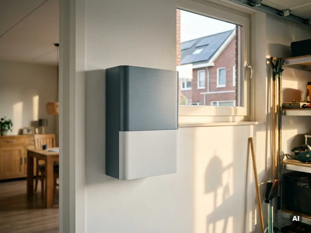 Thuisbatterij gemonteerd op garagemuur naast zonnepanelen, warm middaglicht in Nederlandse woning.