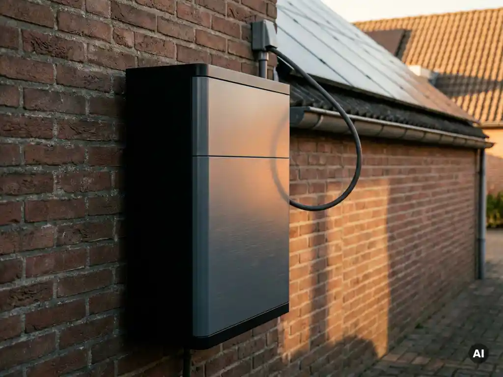 Thuisbatterij gemonteerd op Nederlandse bakstenen muur met zonnepanelen op dak, verbonden via stroomkabel voor energieopslag.