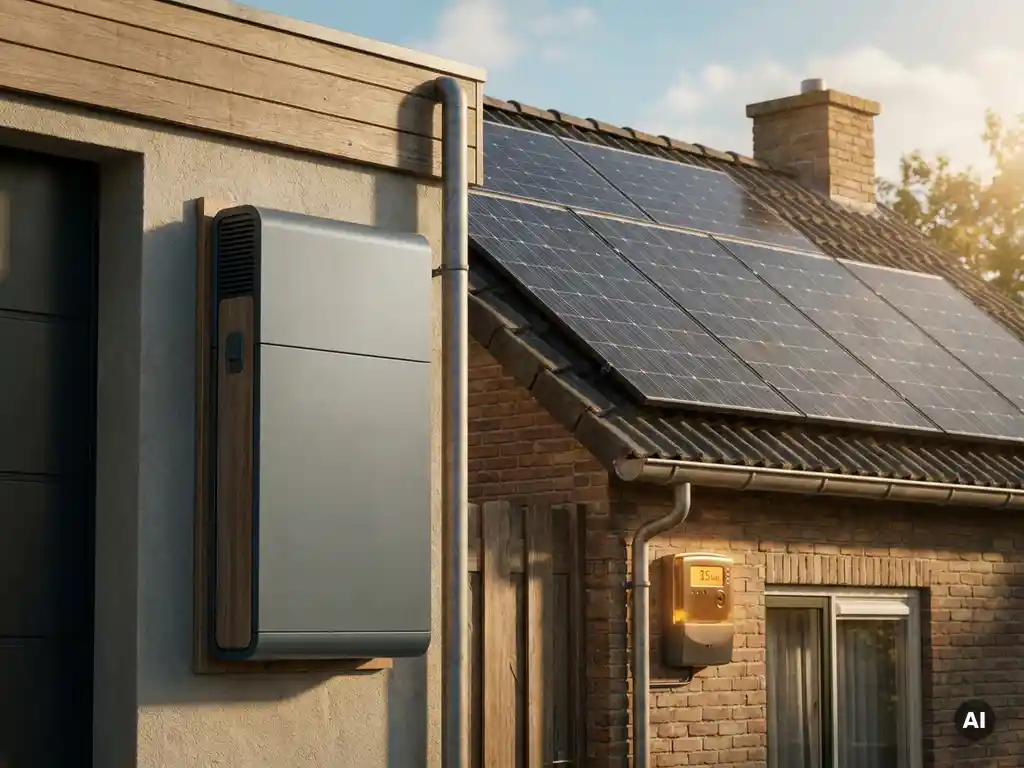 Thuisbatterij op garagemuur naast zonnepanelen op Nederlands woonhuis, met gloeiende slimme energiemeter in warm middaglicht.