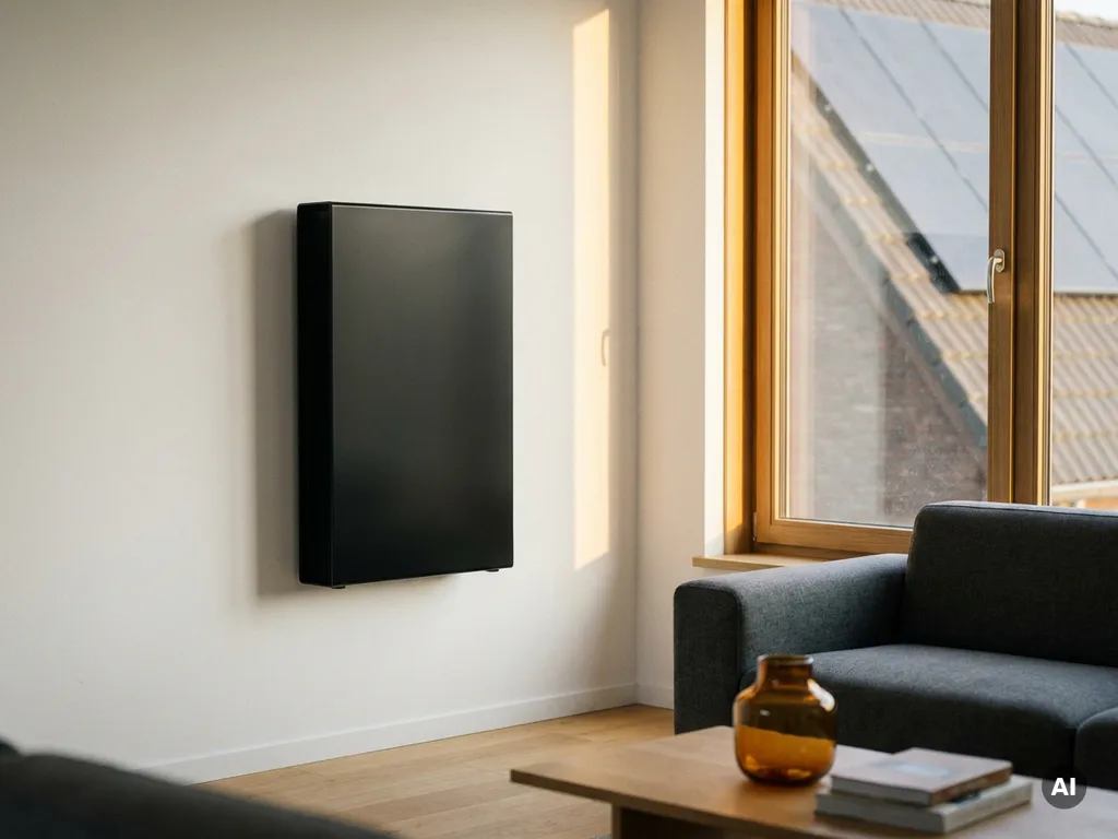 Zwarte thuisbatterij aan witte muur in modern Nederlands interieur, met zonnepanelen zichtbaar door het raam op de achtergrond.