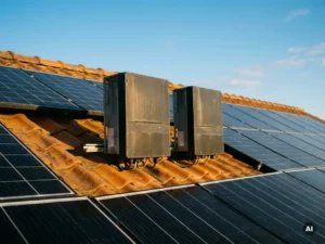 Twee zonne-omvormers op een zonnig Nederlands dak met zwarte zonnepanelen op terracotta dakpannen onder een heldere blauwe lucht.