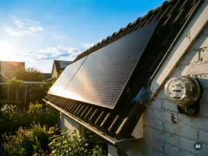 Zwart zonnepaneel op Nederlands woonhuisdak met energiemeter op witte gevel, gouden zonlicht en groene tuin op de achtergrond.