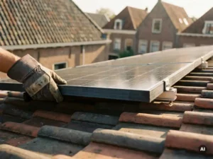 Technicus met handschoen inspecteert zonnepaneel op klassiek Nederlands pannendak met terracotta dakpannen in middagzon.