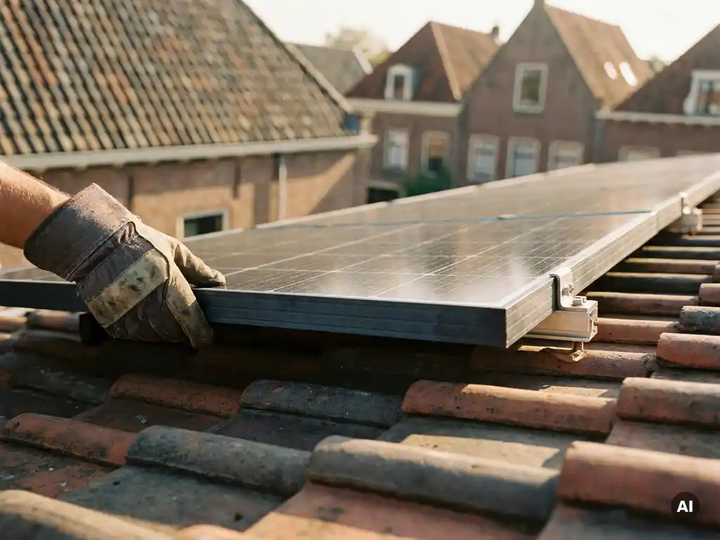 Technicus met handschoen inspecteert zonnepaneel op klassiek Nederlands pannendak met terracotta dakpannen in middagzon.