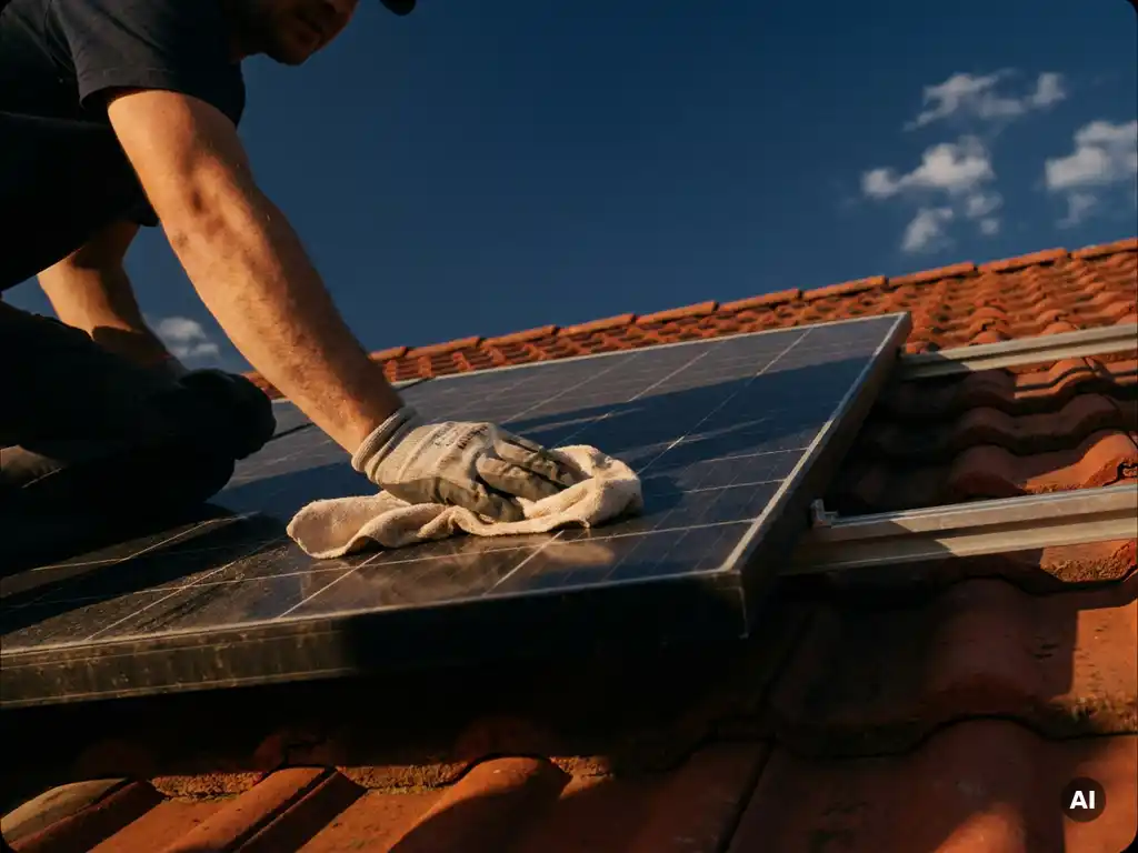 Technicus reinigt zonnepaneel op rood pannendak van Nederlandse woning onder heldere blauwe lucht.
