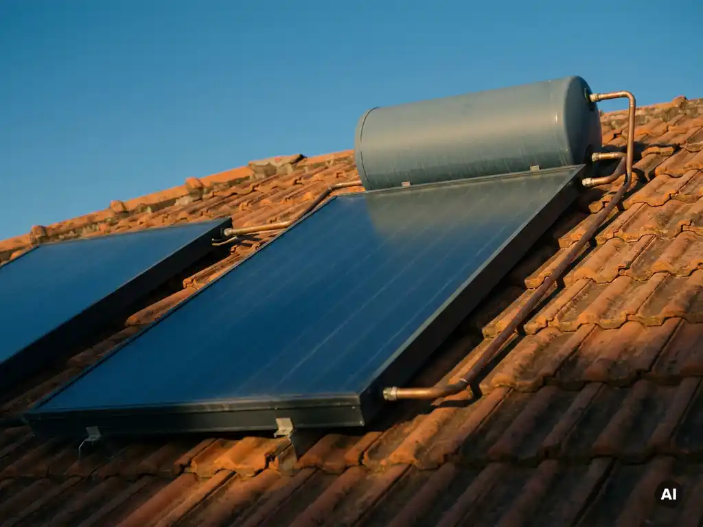 Zonnepaneel en zonneboiler op een Nederlands woonhuisdak met terracotta dakpannen onder een heldere blauwe lucht.
