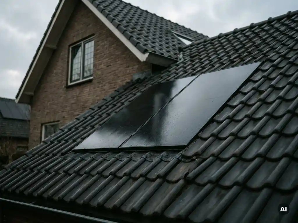Zwart zonnepaneel naadloos geïntegreerd op donkere Nederlandse dakpannen van een bakstenen woning onder bewolkte lucht.