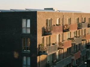 Rij balkons van een Nederlands appartementengebouw met zonnepanelen op het gemeenschappelijke dak in warm middaglicht.