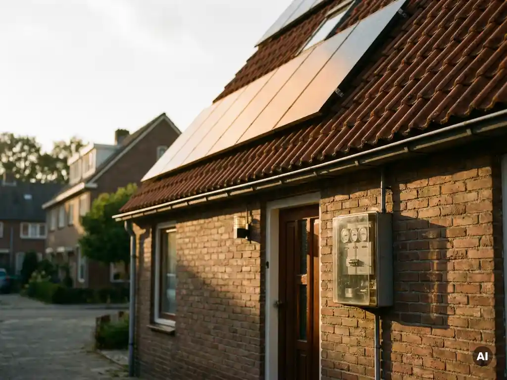 Zonnepanelen op Nederlands woonhuis met elektriciteitsmeter op bakstenen gevel, warm middaglicht over terracotta dakpannen.