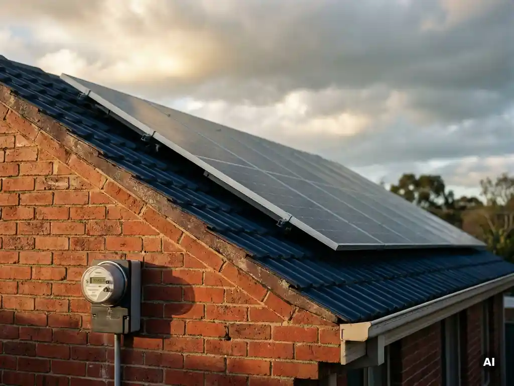 Woning met zonnepanelen op het dak en elektriciteitsmeter op bakstenen gevel in zacht middaglicht.