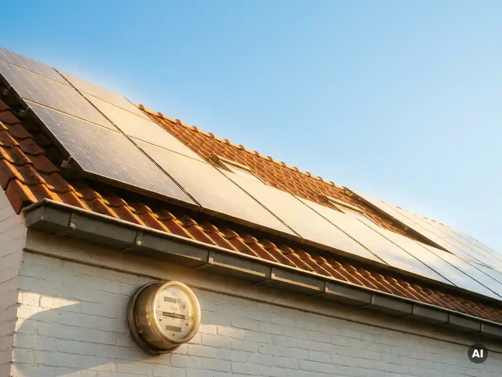 Zonnepanelen op een woonhuis met een Nederlandse elektriciteitsmeter aan de buitenmuur in warm middagzonlicht.