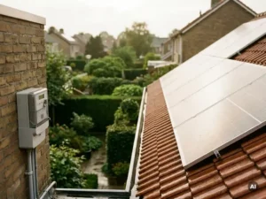 Zonnepanelen op Nederlands woonhuis met energiemeter op bakstenen gevel en groene tuin op de achtergrond.