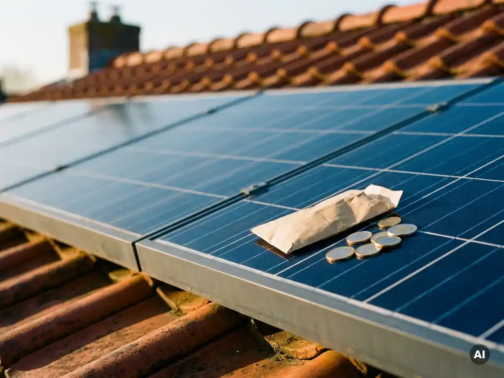Zonnepanelen op Nederlands woonhuis met euromunt en envelop op paneel, terracotta dakpannen op achtergrond.