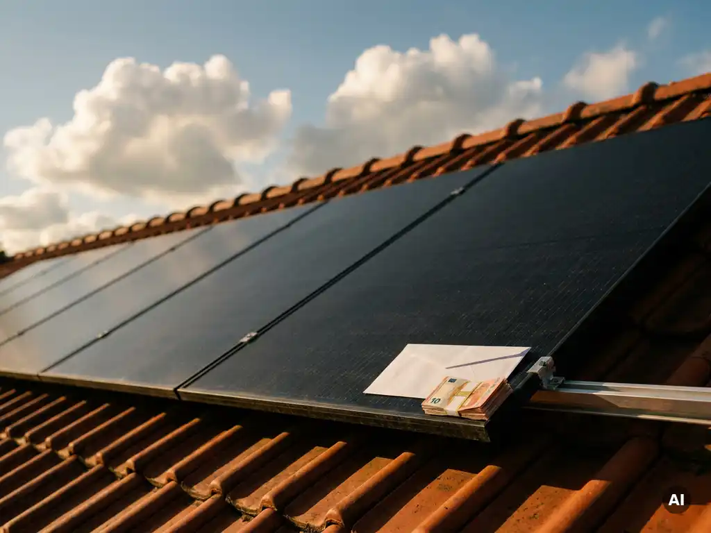 Zonnepanelen op rood pannendak met envelop en eurobiljetten, symboliserend financieel voordeel van zonne-energie.