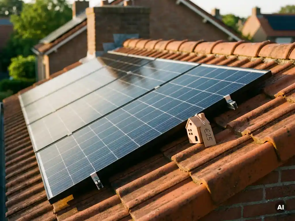 Zonnepanelen op een Nederlands dakpannen dak met een huisfiguurije met prijskaartje, in warm middaglicht.