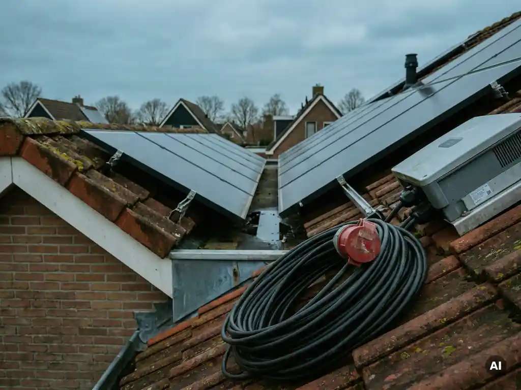 Zonnepanelen op Nederlands woonhuisdak met losgekoppelde elektriciteitskabel bij de omvormer, bewolkte lucht op de achtergrond.