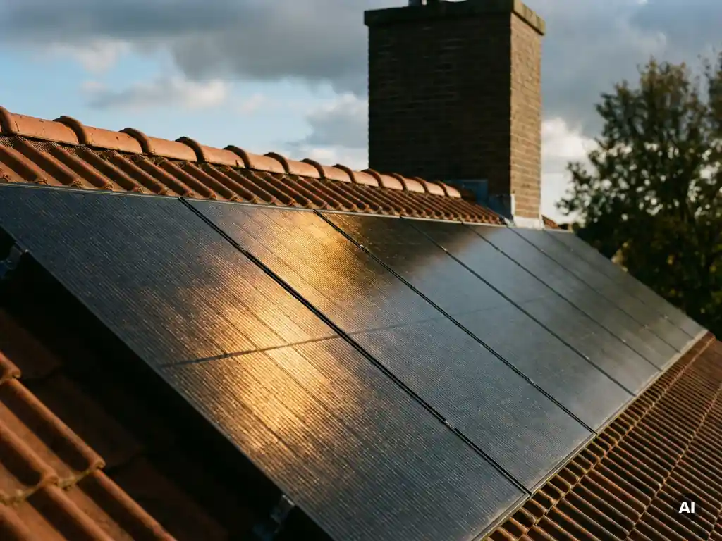 Zonnepanelen op Nederlands woonhuis, half verlicht door gouden zonlicht en half in schaduw, met contrast tussen amber en leisteen-grijze tinten.
